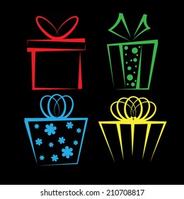 Set of four color gift boxes on black background. eps10
