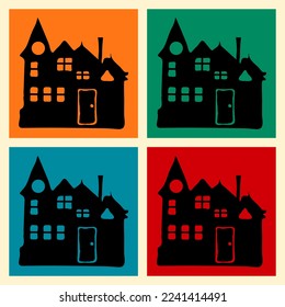 Set of four color houses. Square backgrounds. Hand drawn picture. Contemporary modern art. Trendy Vector illustrations. Every poster is isolated.