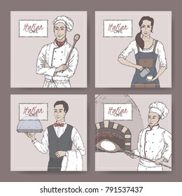 Set of four color Italian cafe vintage labels with cook, baker, waiter and barista sketch. Great for pizzeria, bakery and restaurant, cafe ads, brochures, labels.