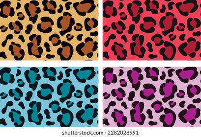 Set of four color leopard skin seamless  pattern. Trendy vector hand drawn cute wild animal skin color texture collection