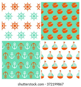 set of four color marine seamless patterns