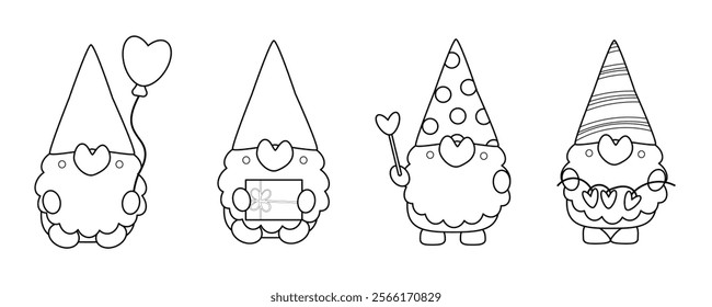 set of four color me gnome isolated on white background vector illustrations, coloring pages