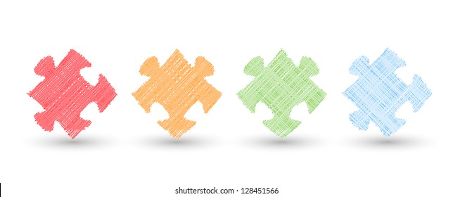 Set of four color scribble style puzzle graphic elements.