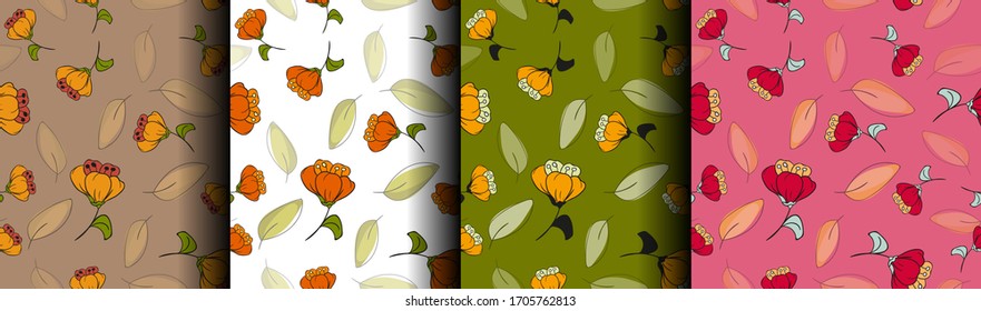 Set of four, color seamless patterns with flowers and leaves. Trendy ornament for surface design, textile, wallpaper, wrapping paper. Stylish background. Vector, Brown, white, orange, pink, green