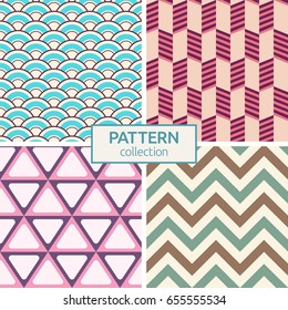 Set of four color seamless patterns. Modern stylish textures of repeating geometric shapes, japanese wave, zigzag color lines, symmetry arranged triangles. Abstract vector geometric backgrounds.