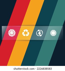 Set of four color solid and outline natural eco icons. Linear background with glass banner and white icons set
