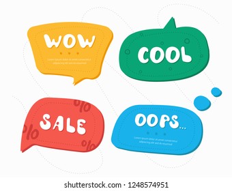 Set of four color speech bubbles in drawn style.  Dialog windows with phrases: Wow, Cool, Sale, Oops