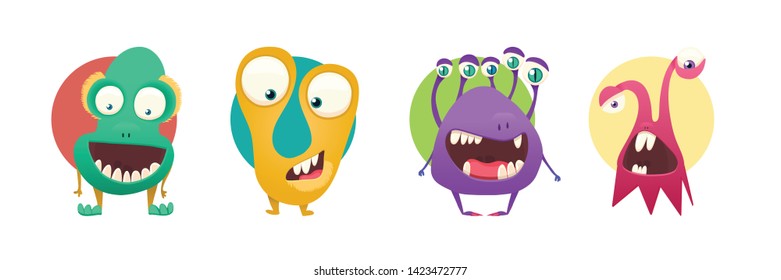 Set of four color stickers with cute monsters. Cartoon illustration. Vector set.