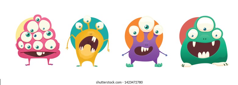 Set of four color stickers with cute monsters. Cartoon illustration. Vector set.