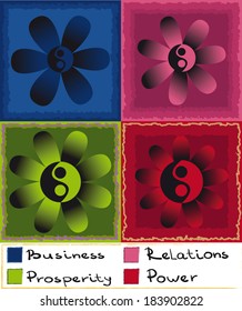 Set of four color symbol of Fen hui with Yin Yang, flowers and numbers