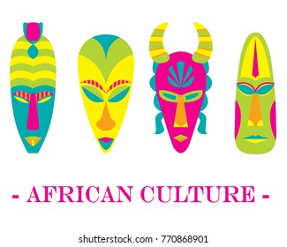 Set of four color traditional African masks on a white background.