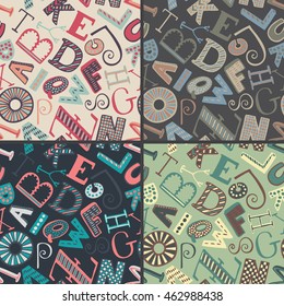 Set of four color variations seamless patterns with hand drawn fancy alphabet, funny doodle letters. Vector endless background with colorful letters with different textures.
