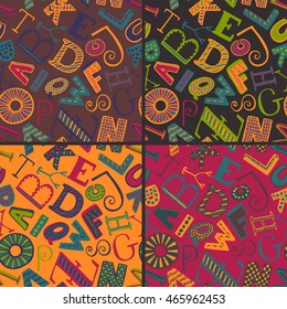 Set of four color variations seamless patterns with hand drawn fancy alphabet, funny doodle letters. Vector endless background with colorful letters with different textures