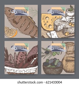 Set of four color vector Mediterranean cuisine banners. Includes hand drawn sketch of bread, cheese, olives, seafood, sausages, spices. Great for restaurants, cafes, recipe and travel books.