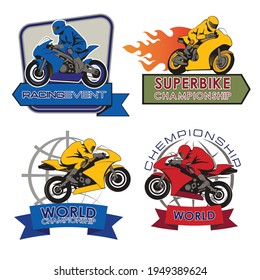 Conjunto de cuatro emblemas de motocicletas vectoriales de cuatro colores de diferentes formas con inscripciones en cintas, globo y llama