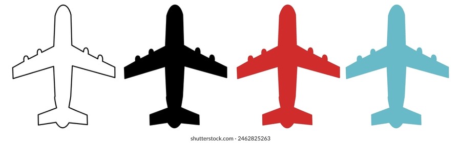 Conjunto de cuatro iconos de avión de colores: blanco, negro, rojo, azul.