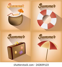 a set of four colored backgrounds with isolated summer items and text