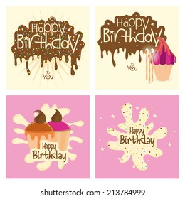 a set of four colored backgrounds with text and different objects for birthday