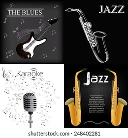 a set of four colored backgrounds with text and different musical instruments
