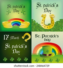 a set of four colored backgrounds with text and different elements for patrick's day
