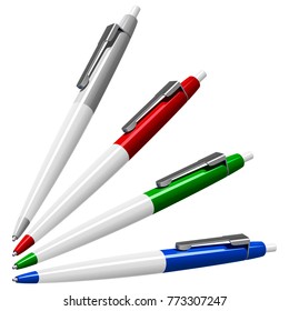 Set of four colored ballpoint pens with buttons and metal clips, vector illustration on white background