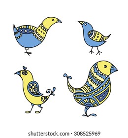 Set of four colored blue and yellow cute birds