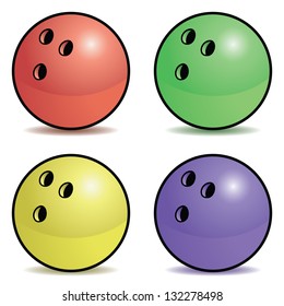 Set of four colored bowling balls with outline.