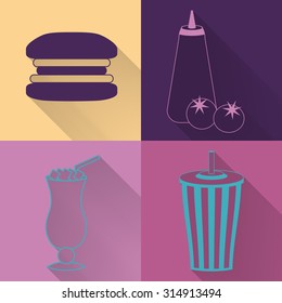 Set of four colored fast food icons in flat style. Template for fast food banner. Stylishly colored icons, design elements for restaurants, caffe and fast food places.