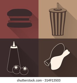 Set of four colored fast food icons in flat style. Template for fast food banner. Stylishly colored icons, design elements for restaurants, caffe and fast food places.