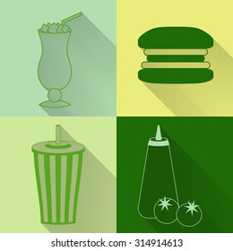 Set of four colored fast food icons in flat style. Template for fast food banner. Stylishly colored icons, design elements for restaurants, caffe and fast food places.