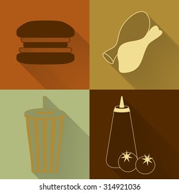 Set of four colored fast food icons in flat style. Template for fast food banner. Stylishly colored icons, design elements for restaurants, caffe and fast food places.