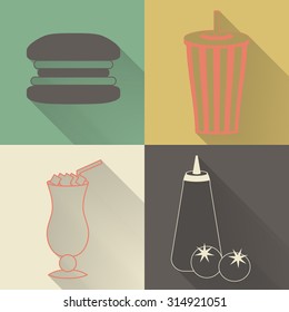 Set of four colored fast food icons in flat style. Template for fast food banner. Stylishly colored icons, design elements for restaurants, caffe and fast food places.