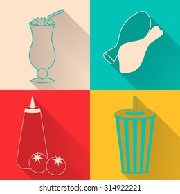 Set of four colored fast food icons in flat style. Template for fast food banner. Stylishly colored icons, design elements for restaurants, caffe and fast food places.