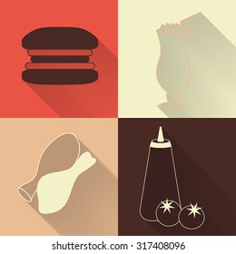 Set of four colored fast food icons in flat style. Template for fast food banner. Stylishly colored icons, design elements for restaurants, caffe and fast food places.