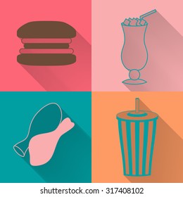 Set of four colored fast food icons in flat style. Template for fast food banner. Stylishly colored icons, design elements for restaurants, caffe and fast food places.