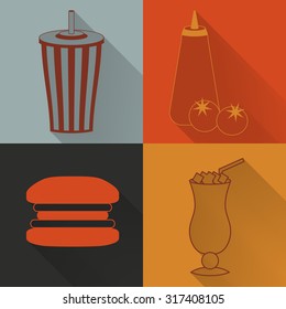 Set of four colored fast food icons in flat style. Template for fast food banner. Stylishly colored icons, design elements for restaurants, caffe and fast food places.