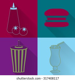 Set of four colored fast food icons in flat style. Template for fast food banner. Stylishly colored icons, design elements for restaurants, caffe and fast food places.