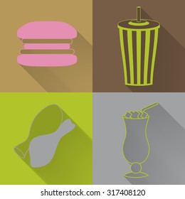 Set of four colored fast food icons in flat style. Template for fast food banner. Stylishly colored icons, design elements for restaurants, caffe and fast food places.