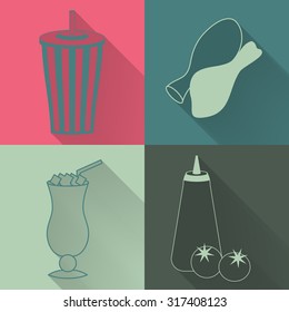 Set of four colored fast food icons in flat style. Template for fast food banner. Stylishly colored icons, design elements for restaurants, caffe and fast food places.