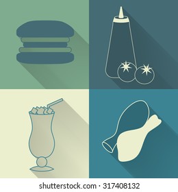 Set of four colored fast food icons in flat style. Template for fast food banner. Stylishly colored icons, design elements for restaurants, caffe and fast food places.