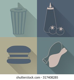 Set of four colored fast food icons in flat style. Template for fast food banner. Stylishly colored icons, design elements for restaurants, caffe and fast food places.