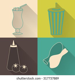 Set of four colored fast food icons in flat style. Template for fast food banner. Stylishly colored icons, design elements for restaurants, caffe and fast food places.
