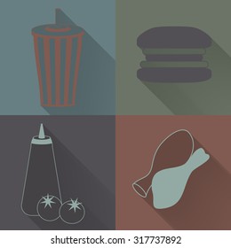 Set of four colored fast food icons in flat style. Template for fast food banner. Stylishly colored icons, design elements for restaurants, caffe and fast food places.