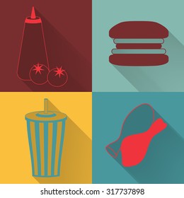 Set of four colored fast food icons in flat style. Template for fast food banner. Stylishly colored icons, design elements for restaurants, caffe and fast food places.