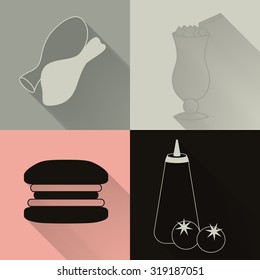 Set of four colored fast food icons in flat style. Template for fast food banner. Stylishly colored icons, design elements for restaurants, caffe and fast food places.