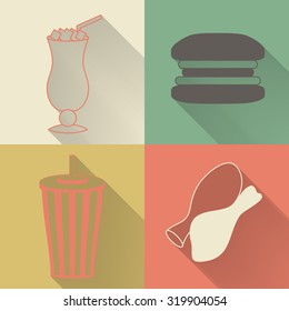 Set of four colored fast food icons in flat style. Template for fast food banner. Stylishly colored icons, design elements for restaurants, caffe and fast food places.