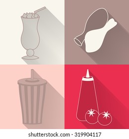 Set of four colored fast food icons in flat style. Template for fast food banner. Stylishly colored icons, design elements for restaurants, caffe and fast food places.