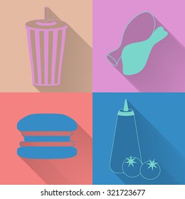 Set of four colored fast food icons in flat style. Template for fast food banner. Stylishly colored icons, design elements for restaurants, caffe and fast food places.