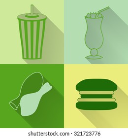 Set of four colored fast food icons in flat style. Template for fast food banner. Stylishly colored icons, design elements for restaurants, caffe and fast food places.