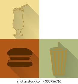 Set of four colored fast food icons in flat style. Template for fast food banner. Stylishly colored icons, design elements for restaurants, caffe and fast food places.